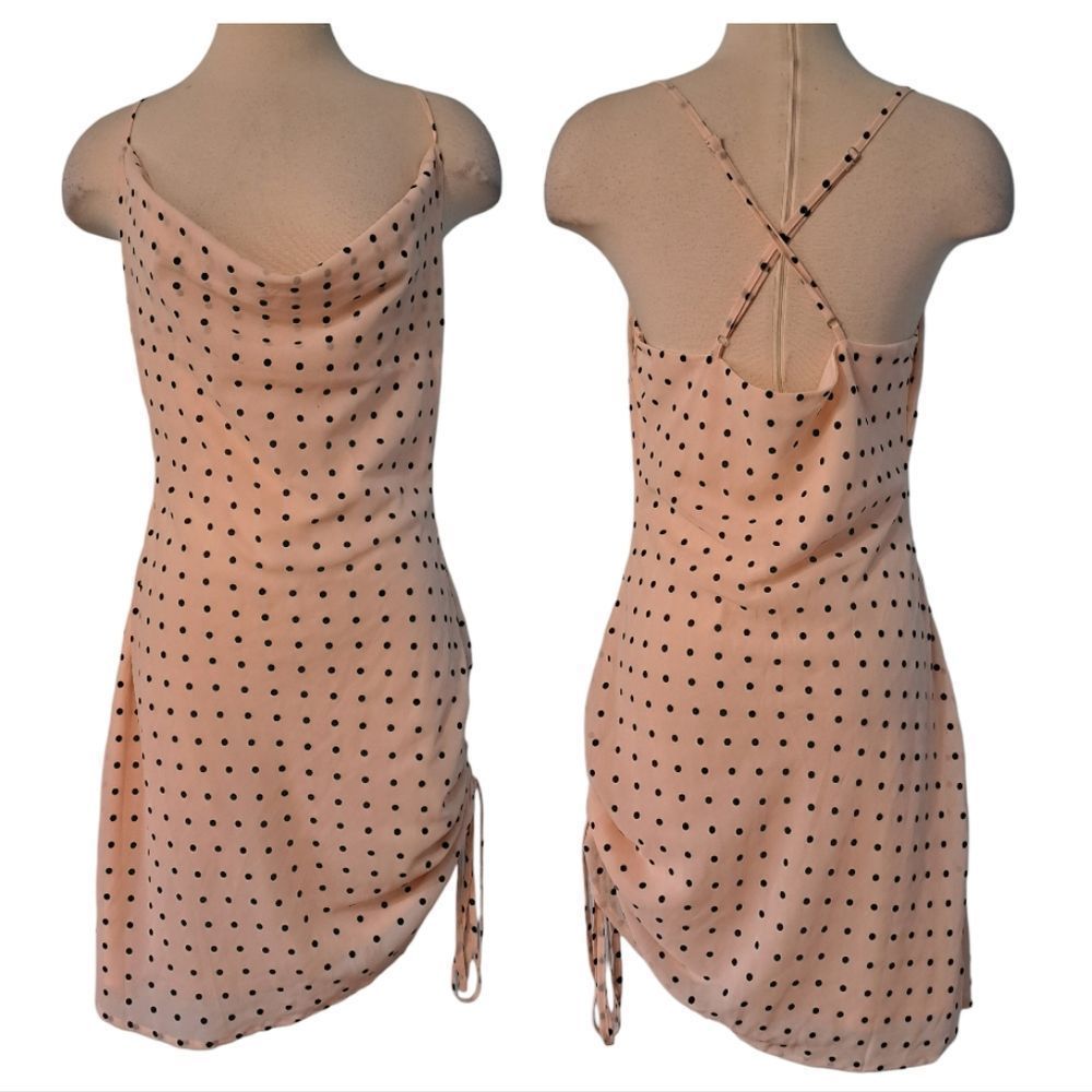 Polka Dot Cowl Neck Slip On Ruched Mini Dress Size 8 Nude